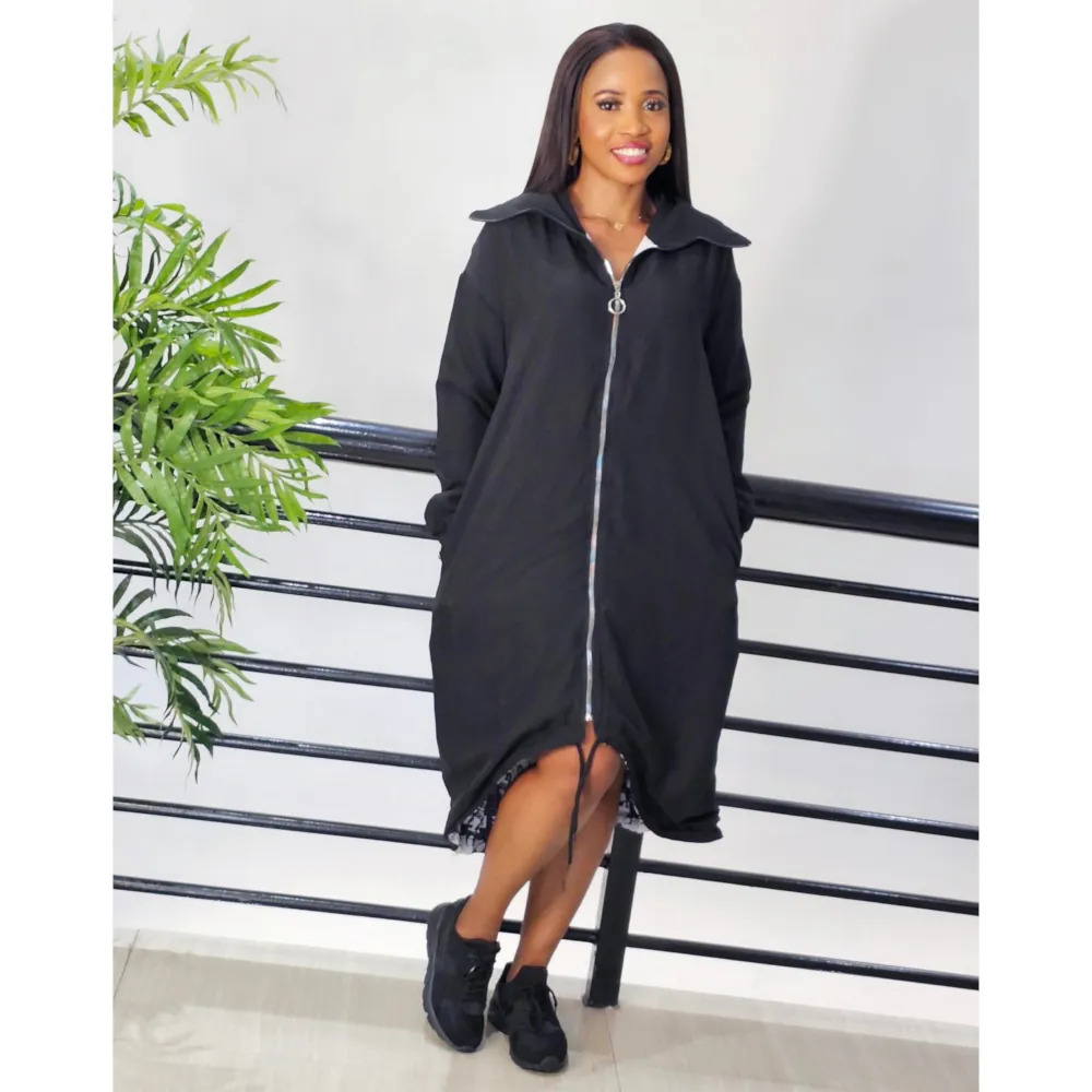 2-TONE FRONT ZIP COLLAR DRESS