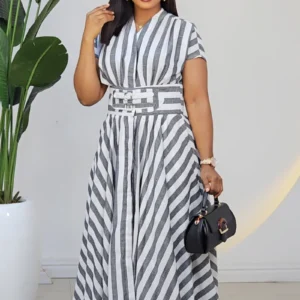 BOLD STRIPE FLARE BUCKLE DRESS 2564 - Image 4