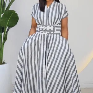 BOLD STRIPE FLARE BUCKLE DRESS 2564 - Image 2