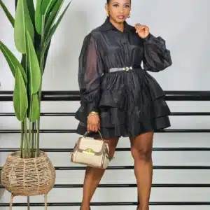 BUBBLE SLEEVE DOUBLE LAYER HEM DRESS 108 - Image 8