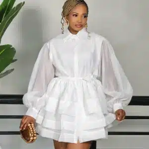 BUBBLE SLEEVE DOUBLE LAYER HEM DRESS 108 - Image 4