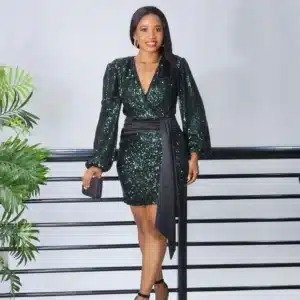 BUBBLE SLEEVE SEQUENCE DRAPE DRESS