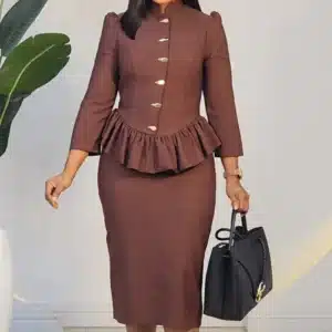 CHEST BUTTON RUFFLE PEPLUM MIDI DRESS L874 - Image 2