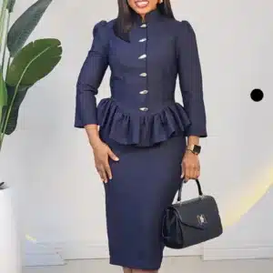 CHEST BUTTON RUFFLE PEPLUM MIDI DRESS L874