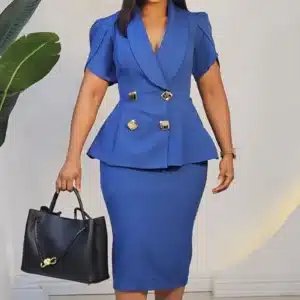 DOUBLE BREASTED BUTTON OVERLAP SLEEVE PEPLUM DRESS L878 - Image 3