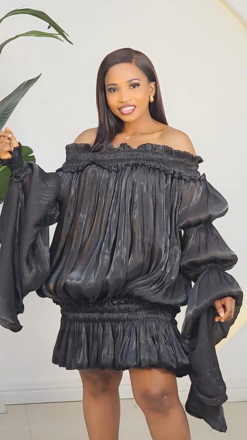 EXAGGERATED DRAPE SLEEVE BUBBLE HEM DRESS 936