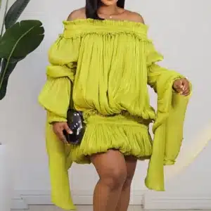 EXAGGERATED DRAPE SLEEVE BUBBLE HEM DRESS 936 - Image 2
