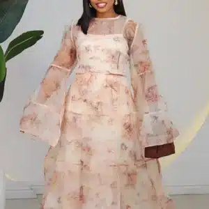 FLORAL ORGANZA LONG SLEEVE ANKLE DRESS 2076