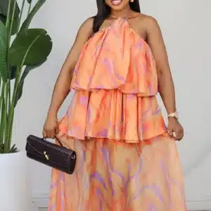 HALTER NECK PATTERN LAYERS MAXI DRESS 865