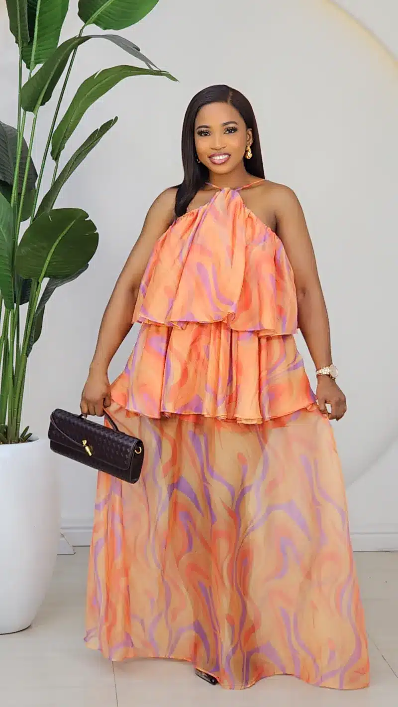 HALTER NECK PATTERN LAYERS MAXI DRESS 865