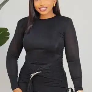 LONG SLEEVE RUCH WAIST BROOCH EVENING DRESS 2639 - Image 5