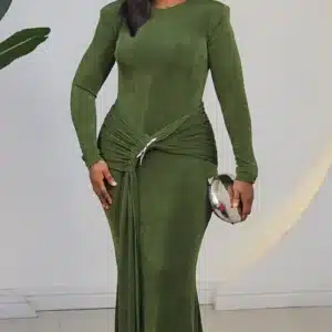 LONG SLEEVE RUCH WAIST BROOCH EVENING DRESS 2639 - Image 3