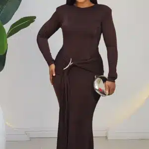 LONG SLEEVE RUCH WAIST BROOCH EVENING DRESS 2639 - Image 4