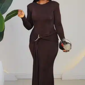 LONG SLEEVE RUCH WAIST BROOCH EVENING DRESS 2639 - Image 8