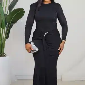 LONG SLEEVE RUCH WAIST BROOCH EVENING DRESS 2639