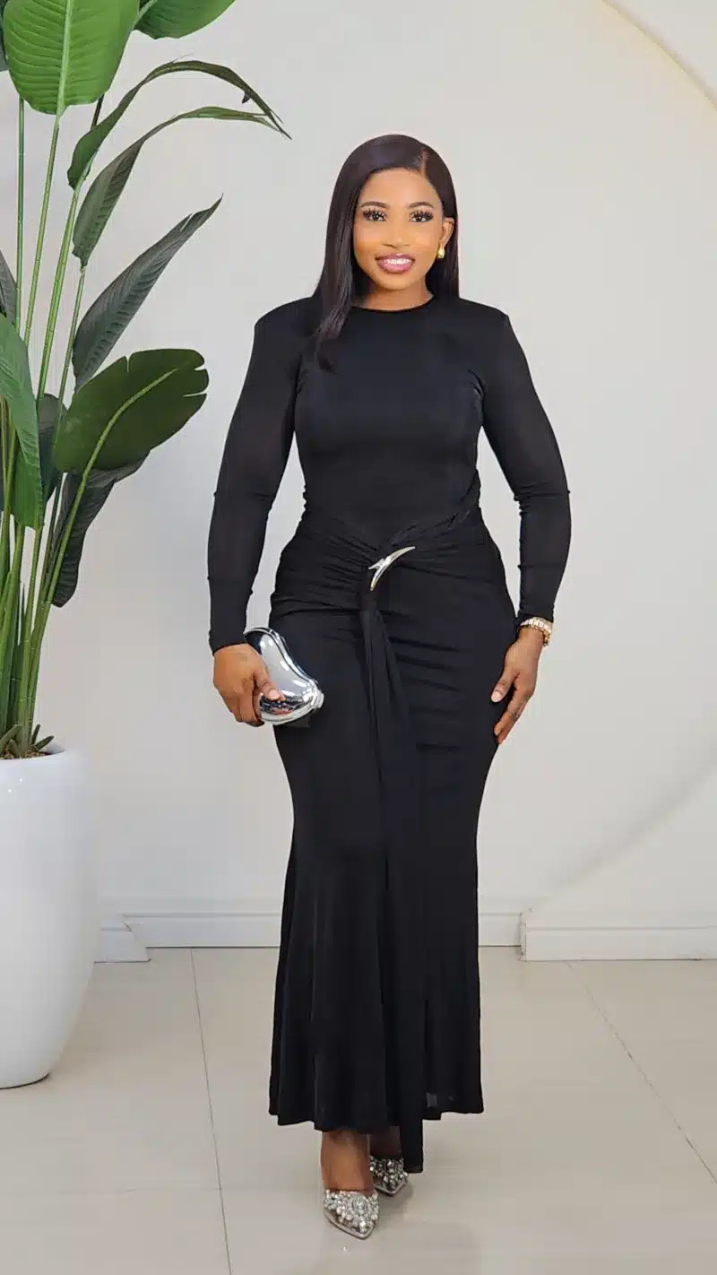 LONG SLEEVE RUCH WAIST BROOCH EVENING DRESS 2639