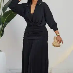 LONG SLEEVE RUCH WAIST COLLAR EVENING DRESS 2703A - Image 3