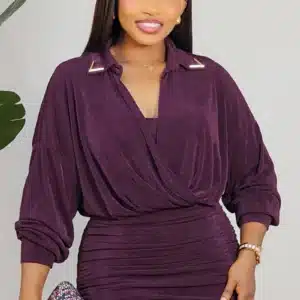 LONG SLEEVE RUCH WAIST COLLAR EVENING DRESS 2703A - Image 4