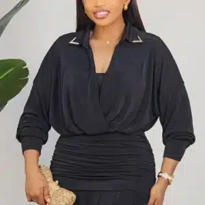 LONG SLEEVE RUCH WAIST COLLAR EVENING DRESS 2703A - Image 5