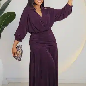 LONG SLEEVE RUCH WAIST COLLAR EVENING DRESS 2703A - Image 2