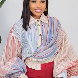 MULTI STRIPE BUBBLE SLEEVE KNOT TOP 9970