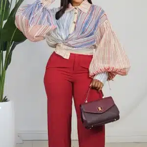 MULTI STRIPE BUBBLE SLEEVE KNOT TOP 9970 - Image 2