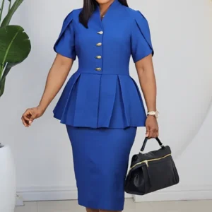 OVERLAP SLEEVE CASEMENT PEPLUM MIDI DRESS 25395