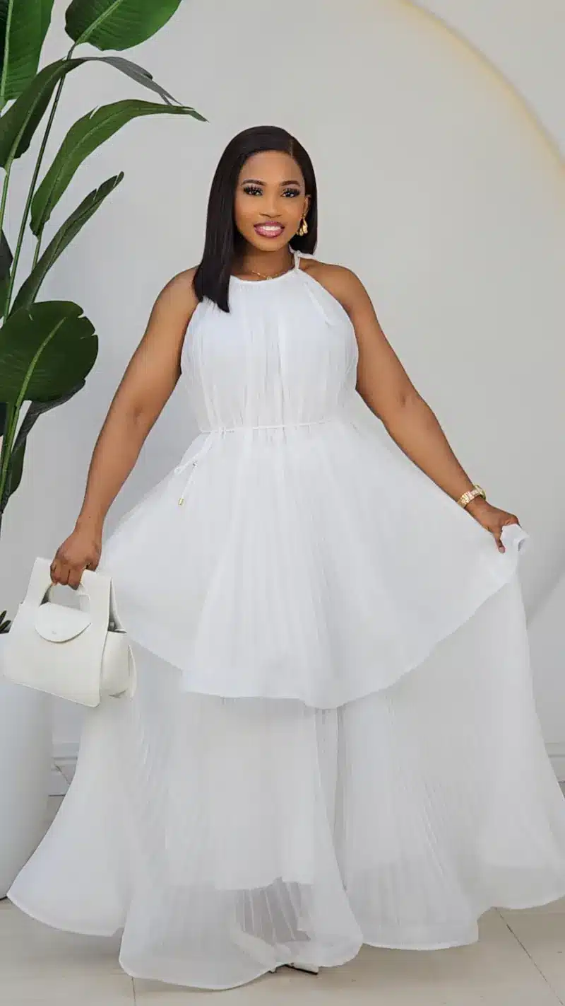 PLEATED DOUBLE LAYER HALTER NECK DRESS 858