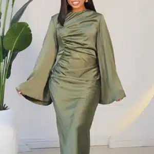 SATIN SIDE DETAIL FLARE SLEEVE MAXI DRESS