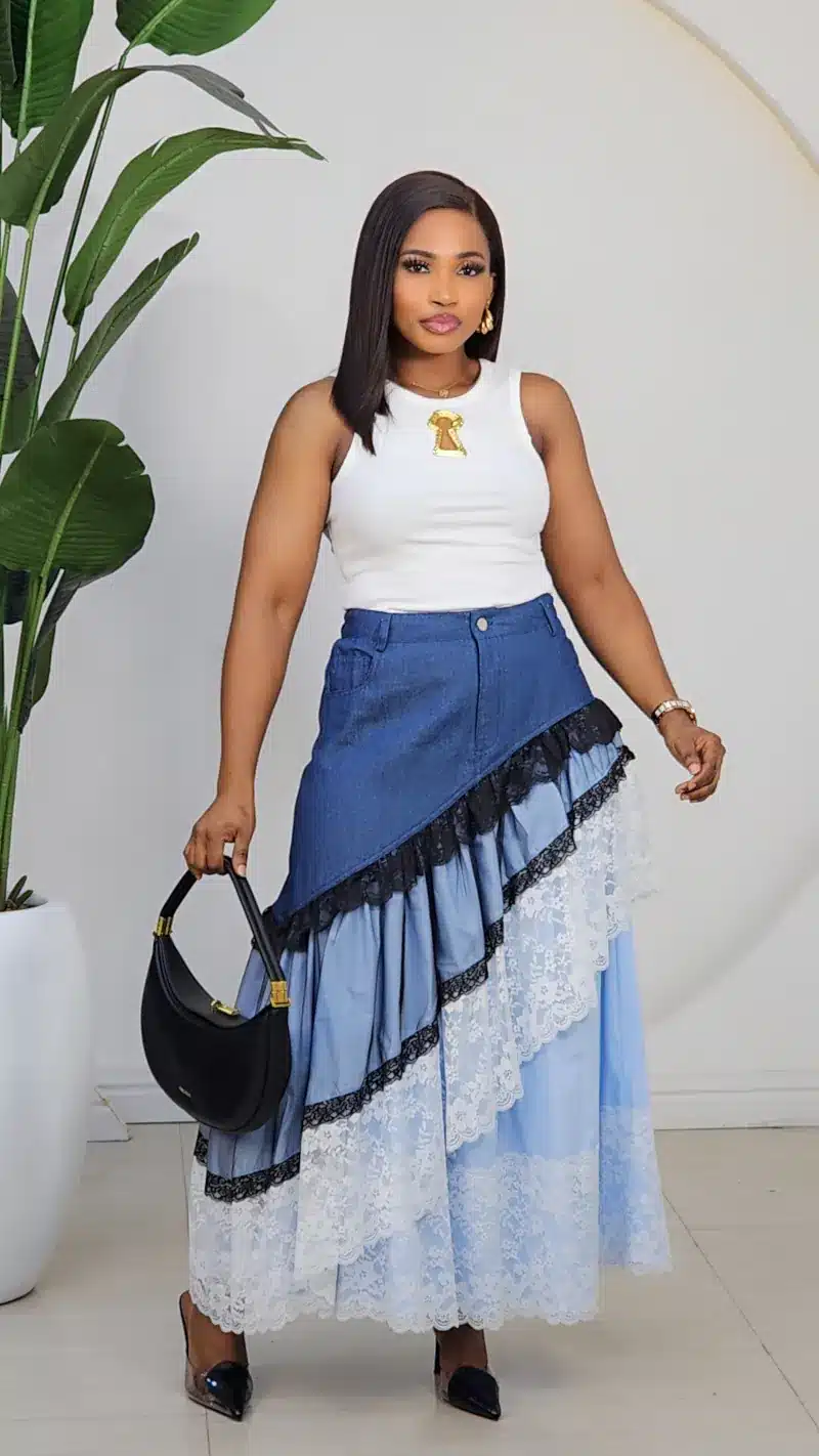 2-TONE LACE INSERTED SLANT DOWN SKIRT 2103A