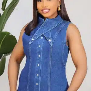 DENIM SLEEVELESS COLLAR BUTTON DOWN DRESS 24078 - Image 2