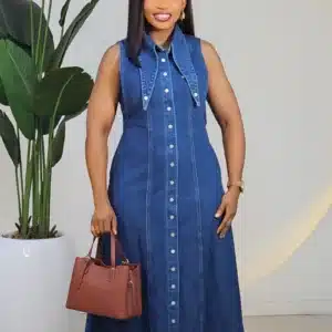 DENIM SLEEVELESS COLLAR BUTTON DOWN DRESS 24078