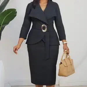 FABRIC BELTED COLLAR PEPLUM DRESS L872 - Image 2