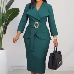 FABRIC BELTED COLLAR PEPLUM DRESS L872 - Image 3