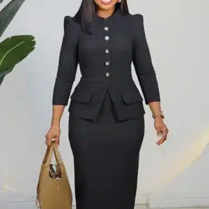 HIGH NECK BUTTON CHEST PEPLUM DRESS L877 - Image 3