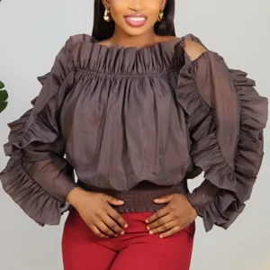 OFF SHOULDER RUFFLE SMOKEY WAIST TOP 9907 - Image 2