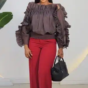 OFF SHOULDER RUFFLE SMOKEY WAIST TOP 9907 - Image 8