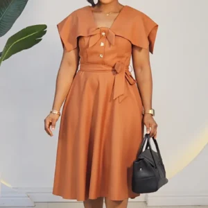 BOW NECK CAPE SLEEVE FLARE DRESS 6576 - Image 3