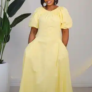 OFF SHOULDER PUFF SLEEVE FRONT POCKET DRESS 8007