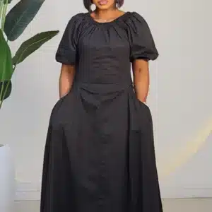 OFF SHOULDER PUFF SLEEVE FRONT POCKET DRESS 8007 - Image 2