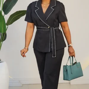 TRIM COLLAR BREAST BUTTON JACKET & PANT SET 8813
