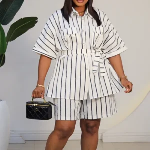 LINEN STRIPE OVERSIZED SHIRT & SHORT SET 95069 - Image 6