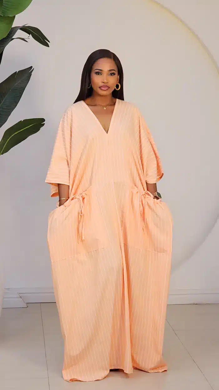 STRIPE RUCH POCKET ABAYA DRESS 6055