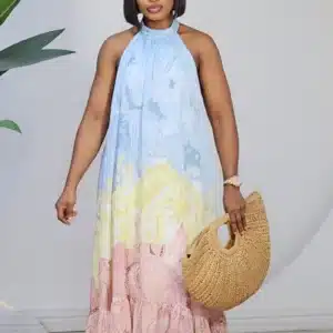 3-TONE HALTER NECK SCARF PRINT HEM MAXI DRESS 9738