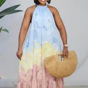 3-TONE HALTER NECK SCARF PRINT HEM MAXI DRESS 9738 - Image 2