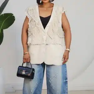 LINEN LACE RUFFLE INSERTED WAIST COAT W260279 - Image 2