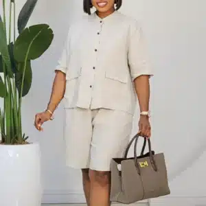 LINEN SHORT & HIGH NECK SHIRT SET 36022