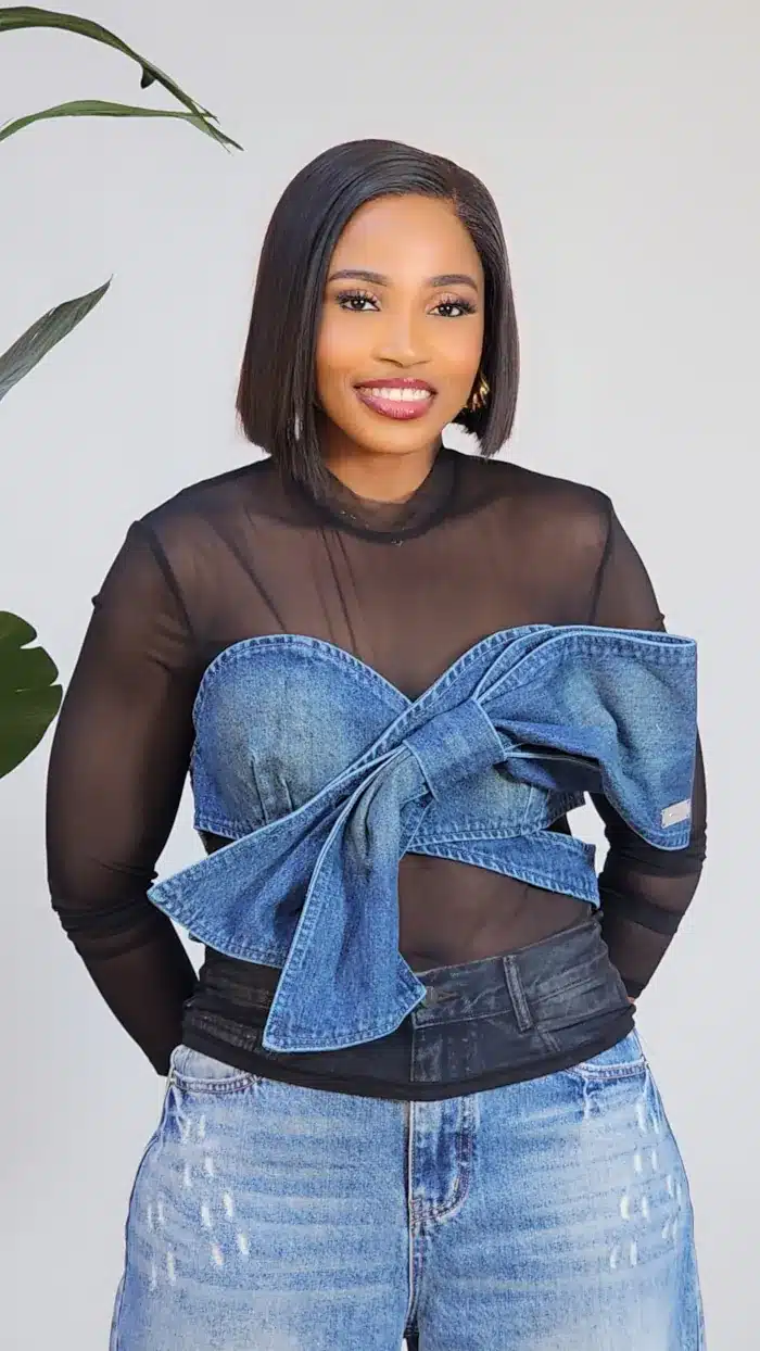 MESH DENIM BOW DETAIL TOP 2653