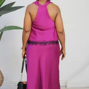 SATIN COWL NECK TOP & LACE INSERTED SKIRT SET 2610 - Image 7
