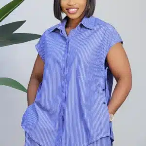 STRIPE CAP SLEEVE DOUBLE SIDE SLIT SHIRT & SHORT SET 60661 - Image 3